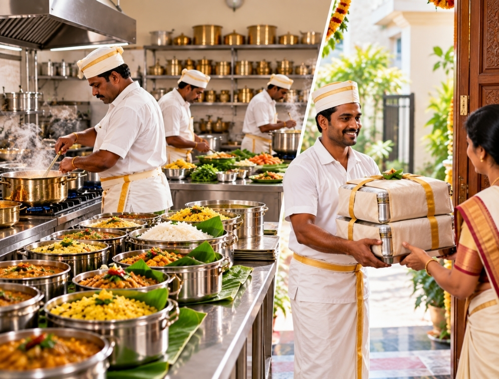 Freshly cooked vegetarian meal packed for delivery from the Vigneshwara Caterers kitchen
