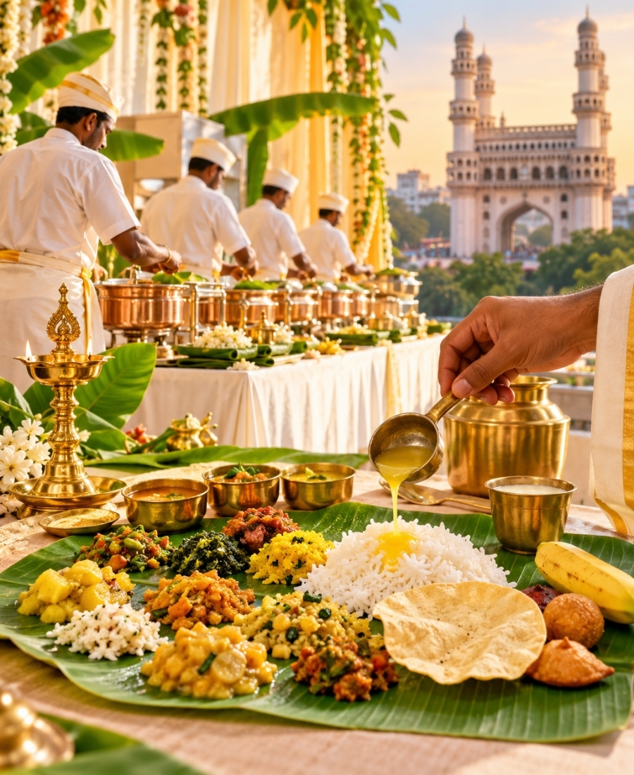 Traditional vegetarian meal served on a banana leaf by Vigneshwara Caterers