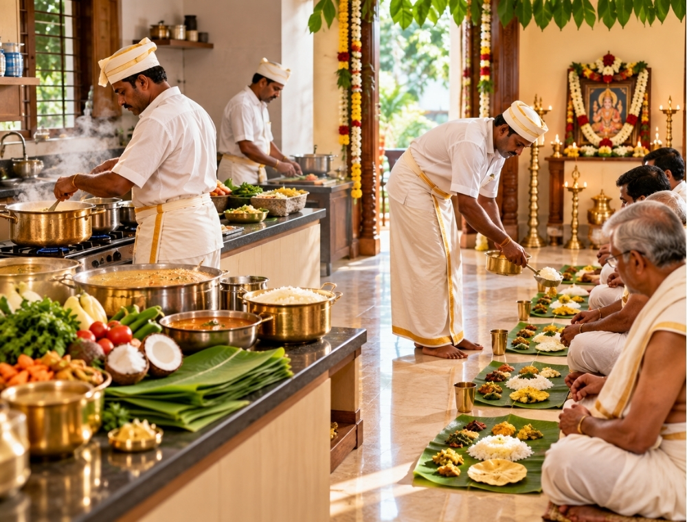 Vigneshwara Caterers cook preparing a meal in a family's home kitchen